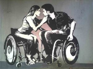 A charcoal-like picture of a young woman and young man, both in wheelchairs lean in to kiss eachother
